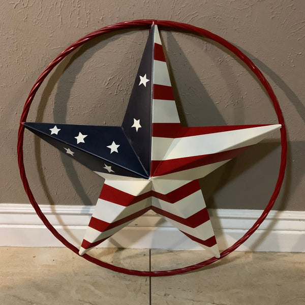 AMERICAN Flag USA Metal Barn Star RED, WHITE & BLUE WITH RED Rope Ring Western Home Decor Handmade 12",16",24",30",34",36",40",48"