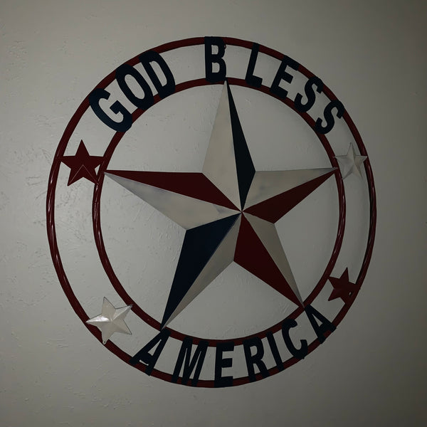 #EH10489 GOD BLESS AMERICA USA FLAG BARN STAR METAL RED WHITE BLUE WESTER HOME DECOR HANDMADE NEW