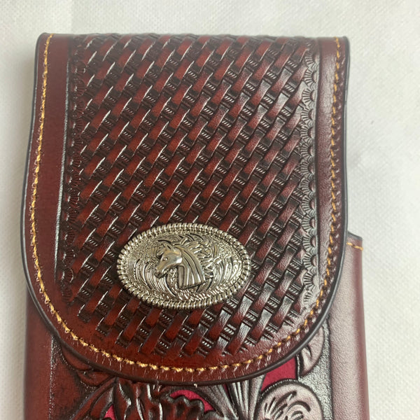 #LG2004  7.5" HORSE COFFEE BROWN & RED LEATHER POUCH EXTRA LARGE  BELT LOOP HOLSTER CELL PHONE CASE UNIVERSAL OVERSIZE