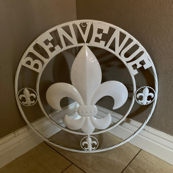 24", 32" GLOSS WHITE FLEUR DE LIS BIENVENUE METAL WALL ART WESTERN HOME DECOR