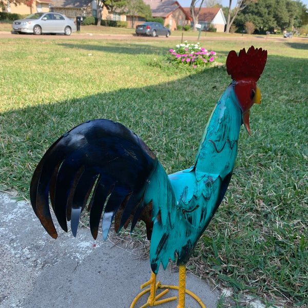 #34-041 RUSTIC TURQUOISE ROOSTER 20",30",40" CHICKEN GARDEN ANIMAL SCULPTURE METAL DECOR ORNAMENT HANDMADE