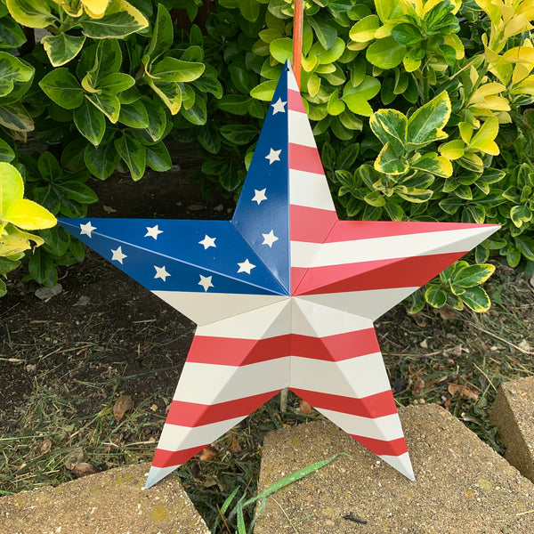 AMERICANA USA FLAG BARN STAR METAL RED BEIGE NAVY BLUE STAR WESTERN HOME DECOR HANDMADE