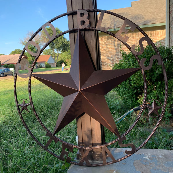 #EH10197 GOD BLESS TEXAS BARN STAR METAL LONESTAR TWISTED ROPE RING WESTERN HOME DECOR HANDMADE NEW