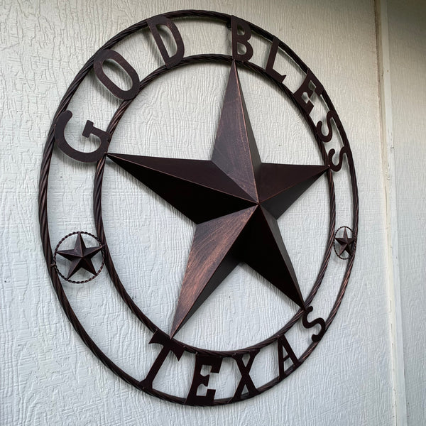 #EH10197 GOD BLESS TEXAS BARN STAR METAL LONESTAR TWISTED ROPE RING WESTERN HOME DECOR HANDMADE NEW