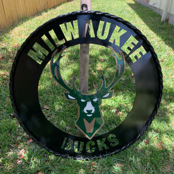 24" MILWAUKEE BUCKS WIDE BAND DISC STYLE METAL CUSTOM VINTAGE CRAFT TEAM SPORTS SIGN HANDMADE