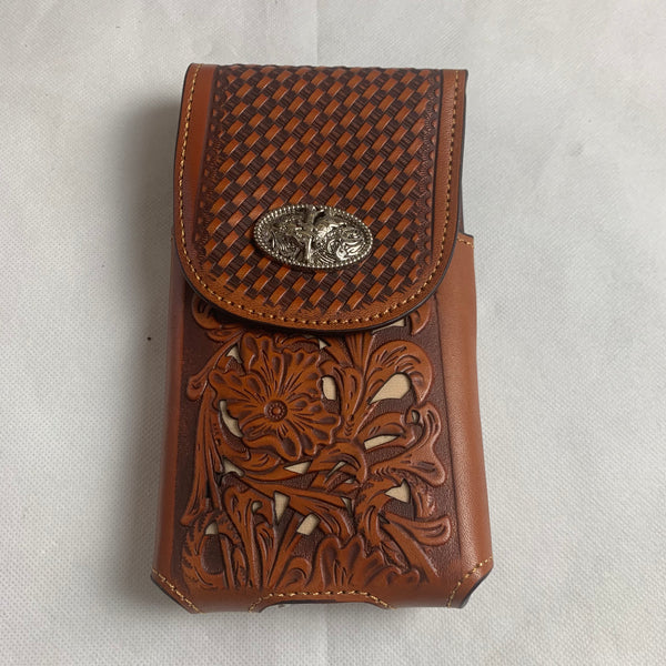 #LG2003 7.5" RODEO TAN BROWN & BEIGE LEATHER POUCH EXTRA LARGE  BELT LOOP HOLSTER CELL PHONE CASE UNIVERSAL OVERSIZE