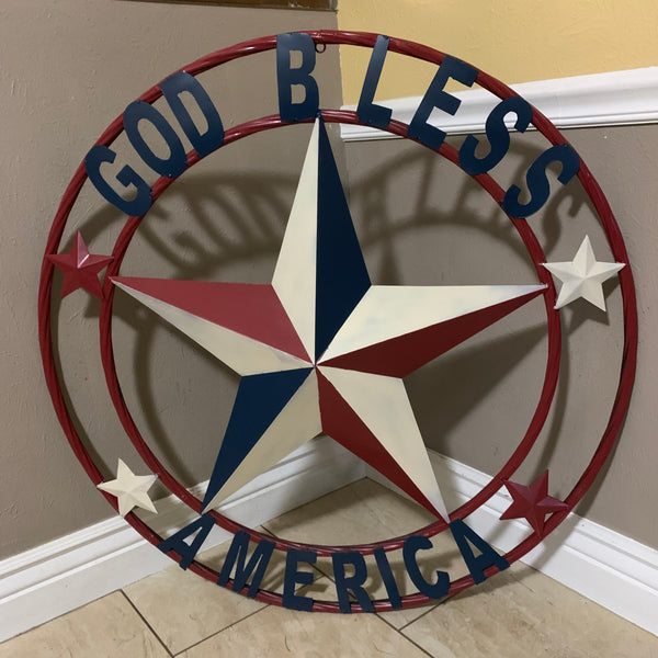 #EH10489 GOD BLESS AMERICA USA FLAG BARN STAR METAL RED WHITE BLUE WESTER HOME DECOR HANDMADE NEW