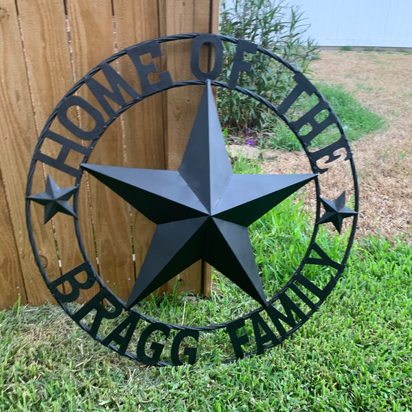 BRAGG STYLE YOUR CUSTOM NAME HOME OF FAMILY STAR METAL BARN STAR 3d TWISTED ROPE RING WESTERN HOME DECOR NEW HANDMADE 24",32",34",36",40",42",44",46",50"