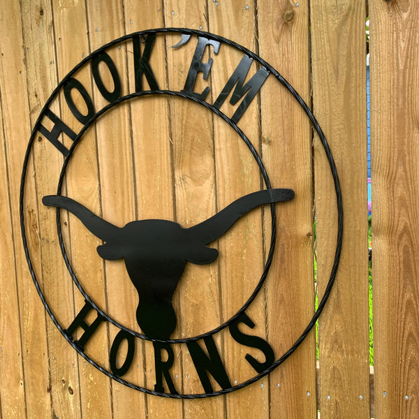 HOOKEM HORNS GLOSSY BLACK TEXAS LONGHORNS HOOK EM METAL CUSTOM VINTAGE CRAFT WALL ART TEAM SIGN HANDMADE