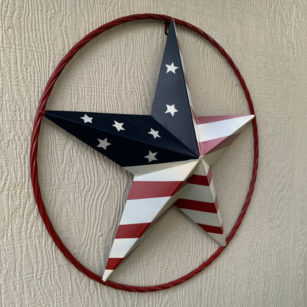 AMERICAN Flag USA Metal Barn Star RED, WHITE & BLUE WITH RED Rope Ring Western Home Decor Handmade 12",16",24",30",34",36",40",48"