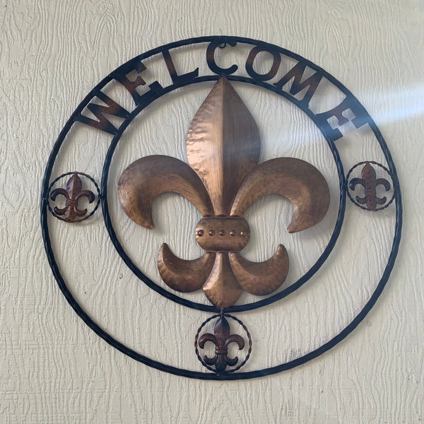 24", 32" WELCOME FLEUR DE LIS METAL WALL ART WESTERN HOME DECOR GOLD & BLACK