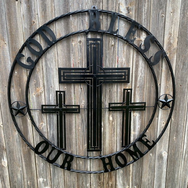 40"GOD BLESS OUR HOME CRUCIFIX CROSS METAL WALL ART BLACK HANDMADE NEW