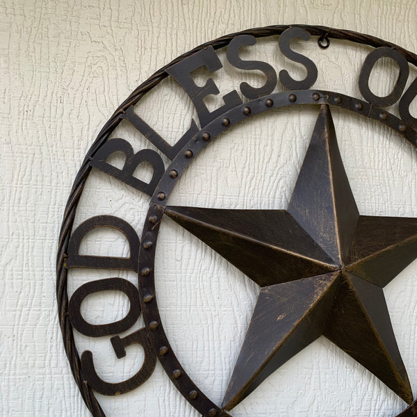 24" GOD BLESS OUR HOME BEADED BARN STAR WITH TWISTED ROPE RING DESIGN METAL WALL ART WESTERN HOME DECOR VINTAGE RUSTIC DARK BRONZE COPPER NEW
