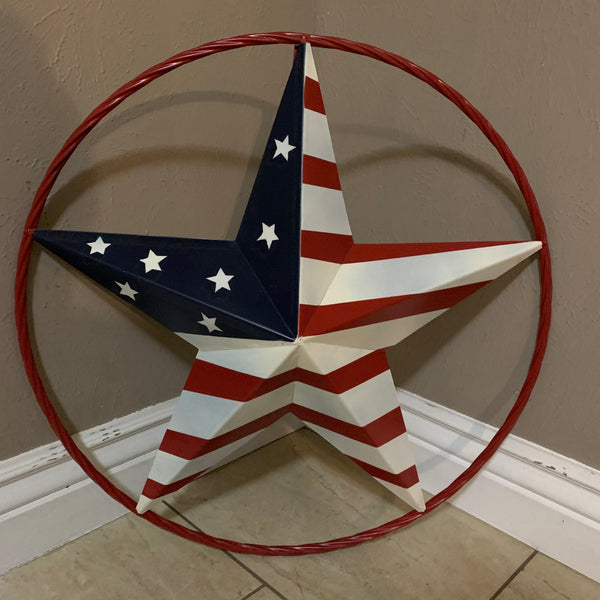 AMERICAN Flag USA Metal Barn Star RED, WHITE & BLUE WITH RED Rope Ring Western Home Decor Handmade 12",16",24",30",34",36",40",48"