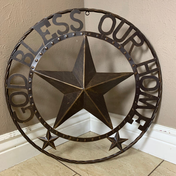 24" GOD BLESS OUR HOME BEADED BARN STAR WITH TWISTED ROPE RING DESIGN METAL WALL ART WESTERN HOME DECOR VINTAGE RUSTIC DARK BRONZE COPPER NEW