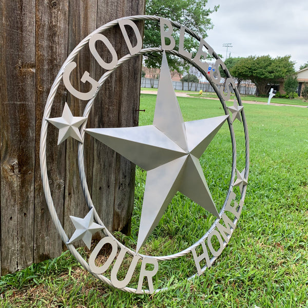 36" GOD BLESS OUR HOME RUSTIC BEIGE BARN METAL STAR ROPE RING WALL ART WESTERN HOME DECOR--FREE SHIPPING