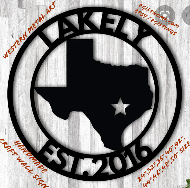 CUSTOM NAME STATE OF TEXAS MAP STYLE SIGN BLACK METAL BARN ROPE RING WESTERN HOME DECOR HANDMADE 24",32",36"