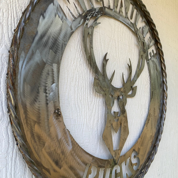 24" MILWAUKEE BUCKS RAW METAL WIDE BAND DISC STYLE METAL CUSTOM VINTAGE CRAFT TEAM SPORTS SIGN HANDMADE
