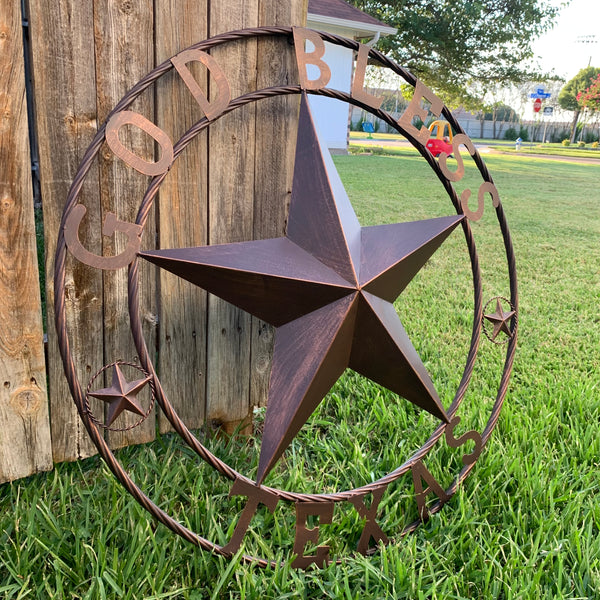 #EH10197 GOD BLESS TEXAS BARN STAR METAL LONESTAR TWISTED ROPE RING WESTERN HOME DECOR HANDMADE NEW