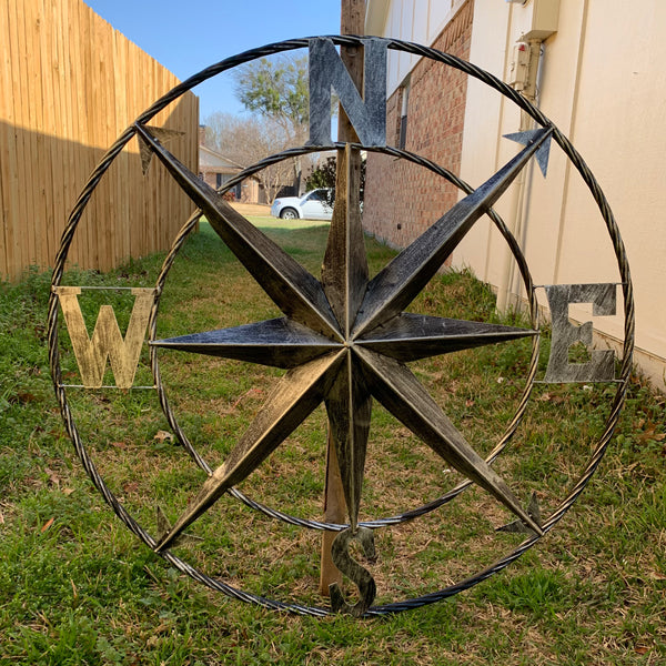 36" COMPASS GREY METAL ART WESTERN METAL ART HOME WALL DECOR RUSTIC GREY