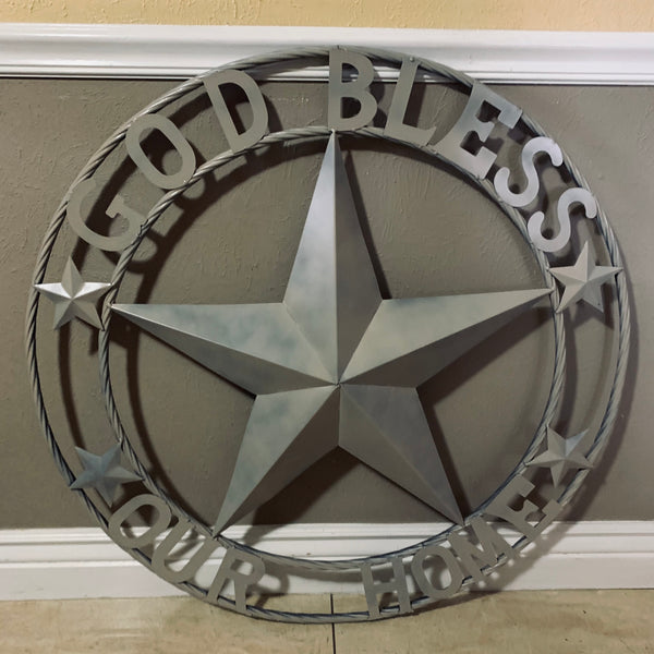 36" GOD BLESS OUR HOME RUSTIC BEIGE BARN METAL STAR ROPE RING WALL ART WESTERN HOME DECOR--FREE SHIPPING