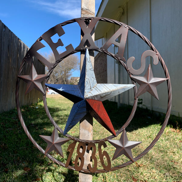 16", 24", 32", 34", 40" TEXAS 1836 LICENSE PLATE FLAG BARN STAR METAL WALL WESTERN HOME DECOR RED WHITE BLUE ART