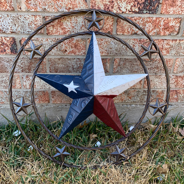 24" LICENSE PLATE MULTI STAR RED WHITE BLUE METAL BARN STAR WESTERN HOME DECOR NEW