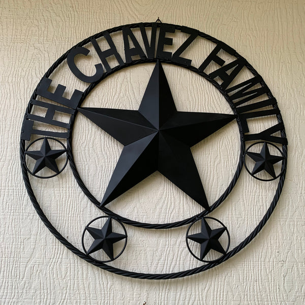 CHAVEZ STYLE CUSTOM FAMILY NAME STAR BLACK STEEL METAL BARN STAR ROPE RING WESTERN HOME DECOR VINTAGE NEW HANDMADE 24",32",34",36",40",42",44",46",50"