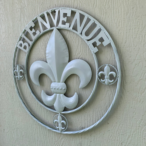 24", 32" GLOSS WHITE FLEUR DE LIS BIENVENUE METAL WALL ART WESTERN HOME DECOR