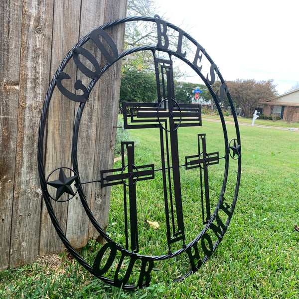 40"GOD BLESS OUR HOME CRUCIFIX CROSS METAL WALL ART BLACK HANDMADE NEW