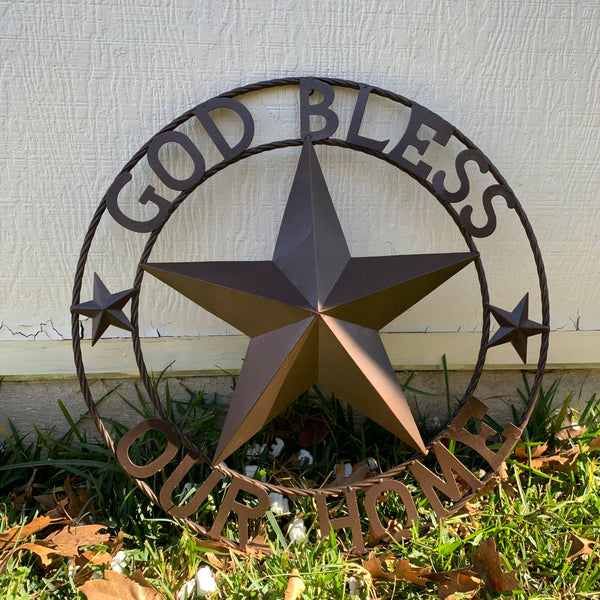#EH11021 GOD BLESS OUR HOME BARN METAL STAR TWISTED ROPE RING WESTERN HOME DECOR HANDMADE NEW