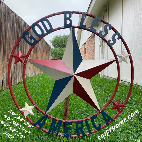 #EH10489 GOD BLESS AMERICA USA FLAG BARN STAR METAL RED WHITE BLUE WESTER HOME DECOR HANDMADE NEW