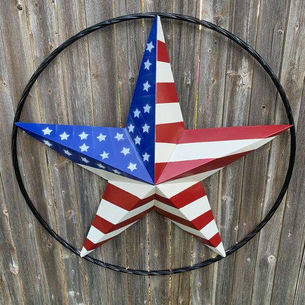 AMERICAN Flag USA Metal Barn Star RED WHITE & BLUE with Black Rope Ring Western Home Decor Handmade 12",16",24",30",34",36",40",48"