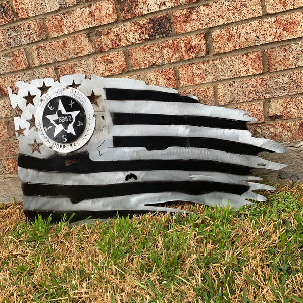 TEXAS HIGHWAY PATROL TATTERED FLAG WITH BADGE# CUSTOM METAL VINTAGE CRAFT ART WESTERN HOME DECOR