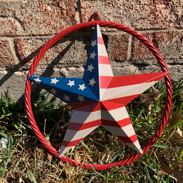 AMERICAN Flag USA Metal Barn Star RED , BEIGE, NAVY BLUE WITH RED Rope Ring Western Home Decor Handmade 12",16",24",30",34",36",40",48"