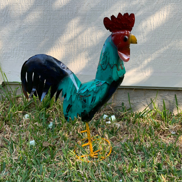 #34-041 RUSTIC TURQUOISE ROOSTER 20",30",40" CHICKEN GARDEN ANIMAL SCULPTURE METAL DECOR ORNAMENT HANDMADE