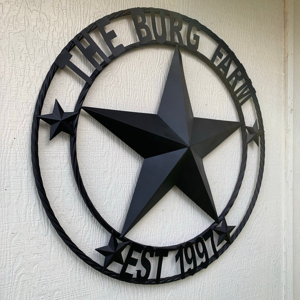 CREEKSIDE FARM STYLE YOUR CUSTOM NAME BARN BLACK STAR 3d WITH TWISTED ROPE RING DESIGN METAL WALL ART WESTERN HOME DECOR NEW HANDMADE, 24", 32", 36", 40", 44", 46", 50"