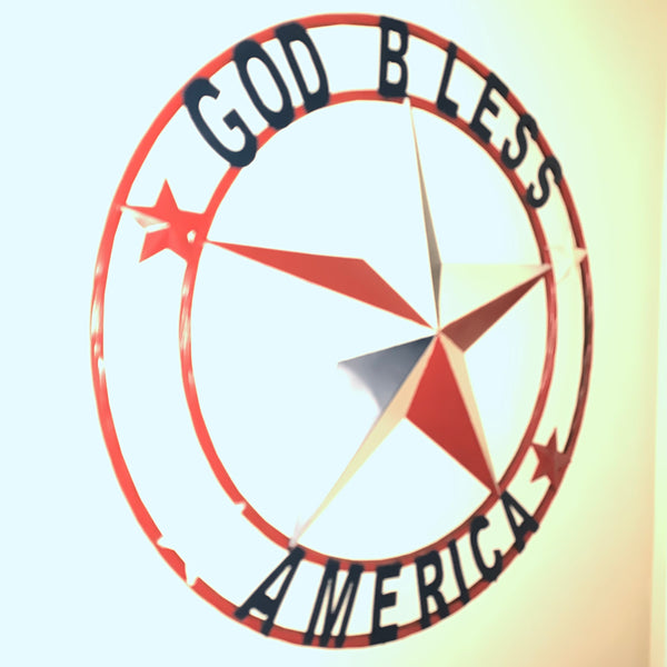 #EH10489 GOD BLESS AMERICA USA FLAG BARN STAR METAL RED WHITE BLUE WESTER HOME DECOR HANDMADE NEW