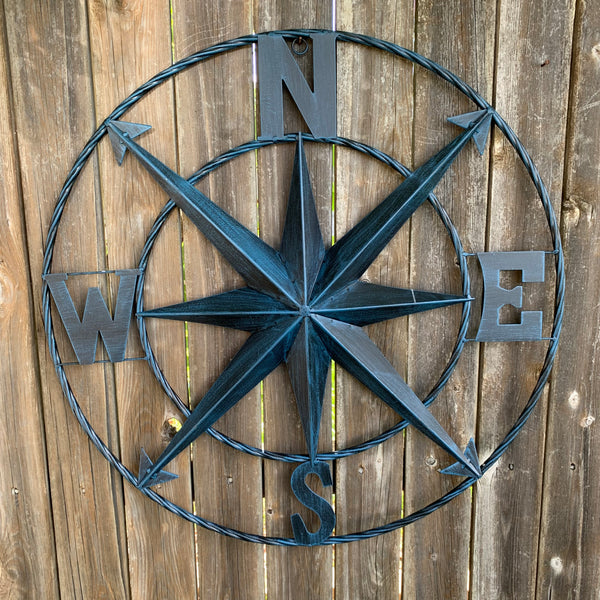 #SI_B8235 COMPASS NAVY BLUE 24" METAL SIGN WESTERN HOME DECOR HANDMADE NEW