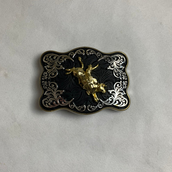 4.5" X 3.5" RODEO BELT BUCKLE BLACK SILVER & GOLD WESTERN BUCKLE FASHION ART NEW #EH12269
