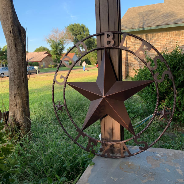 #EH10197 GOD BLESS TEXAS BARN STAR METAL LONESTAR TWISTED ROPE RING WESTERN HOME DECOR HANDMADE NEW