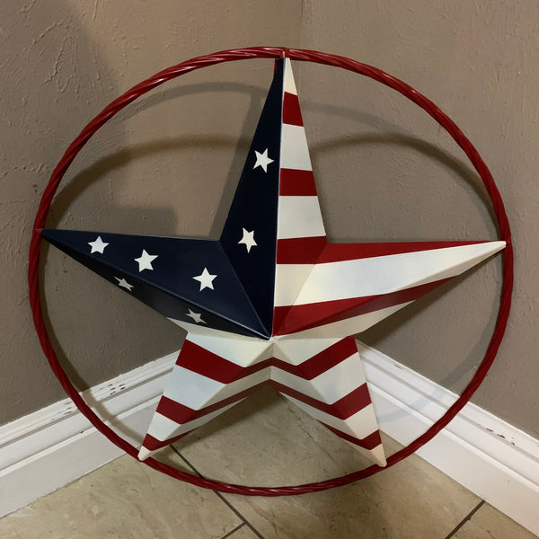 AMERICAN Flag USA Metal Barn Star RED, WHITE & BLUE WITH RED Rope Ring Western Home Decor Handmade 12",16",24",30",34",36",40",48"