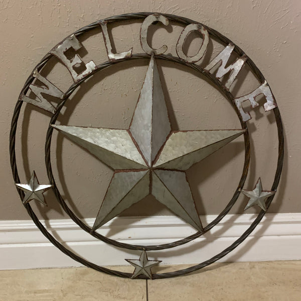 #RT6160 WELCOME GALV 24" METAL BARN STAR TWISTED RING WESTERN HOME DECOR HANDMADE NEW