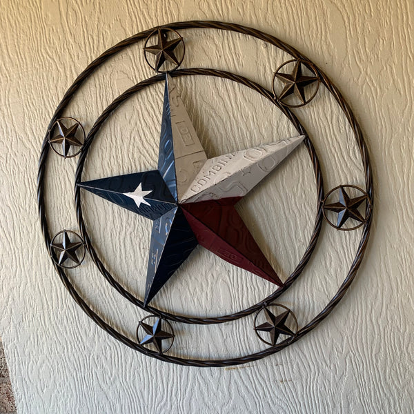 24" LICENSE PLATE MULTI STAR RED WHITE BLUE METAL BARN STAR WESTERN HOME DECOR NEW