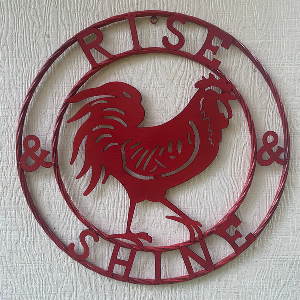 #SI_B9504 RISE & SHINE 24" RED ROOSTER CHICKEN METAL SIGN WESTERN HOME DECOR HANDMADE NEW