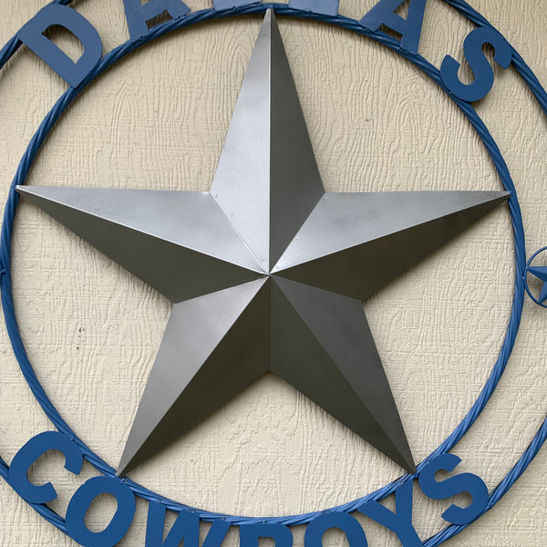 DALLAS COWBOYS SILVER & LIGHT BLUE BARN STAR CUSTOM VINTAGE METAL LONE STAR ART WESTERN HOME DECOR SIZE:24",32",36",40",42",44",46",50"