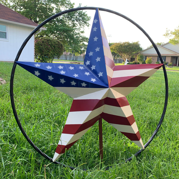 AMERICAN Flag USA Metal Barn Star RED WHITE & BLUE with Black Rope Ring Western Home Decor Handmade 12",16",24",30",34",36",40",48"