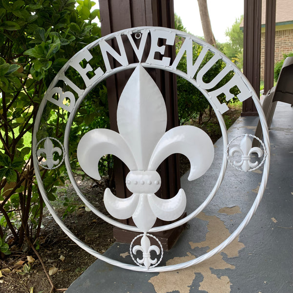 24", 32" GLOSS WHITE FLEUR DE LIS BIENVENUE METAL WALL ART WESTERN HOME DECOR