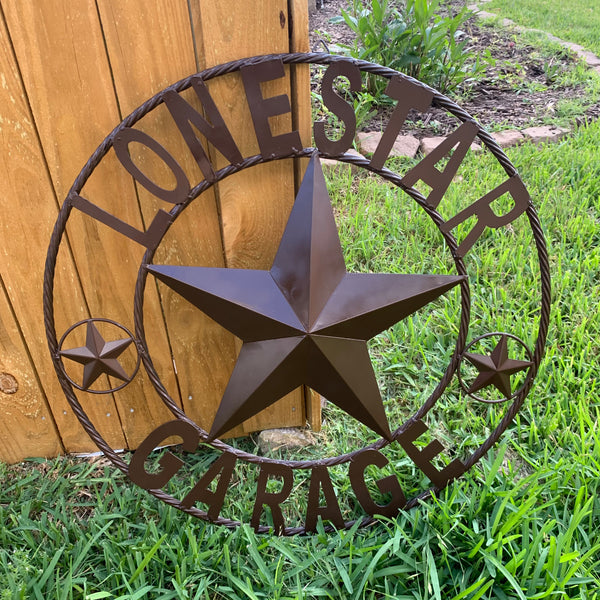 LONESTAR GARAGE STYLE CUSTOM BARN NAME STAR LONESTAR GARAGE METAL NAME BARN STAR WITH TWISTED ROPE RING 3d STAR ART WESTERN HOME DECOR RUSTIC BROWN