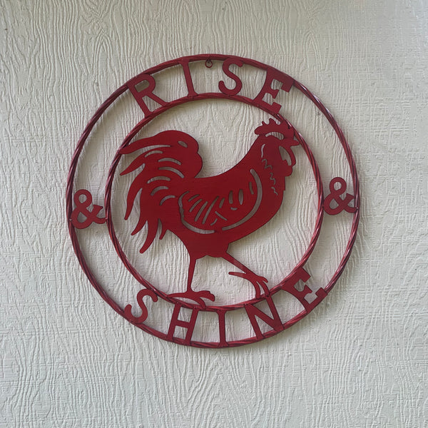 #SI_B9504 RISE & SHINE 24" RED ROOSTER CHICKEN METAL SIGN WESTERN HOME DECOR HANDMADE NEW